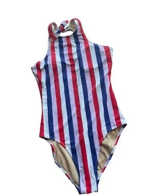 High-Neck One-Piece Swimsuit in Red, Blue & White Stripes Sz L